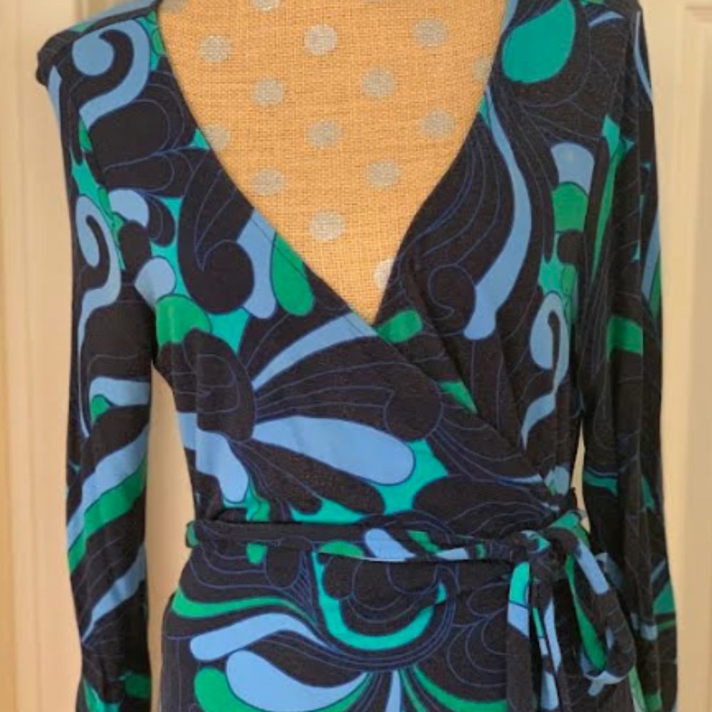 Wrap Dress | Ann Taylor S Navy Green | 3/4 sleeve Career jersey knit